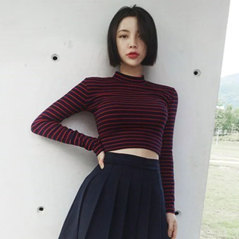 

Womens Fashion Harajuku Striped Slim Cropped Top T-shirt Korean Style Long Sleeve T Shirts