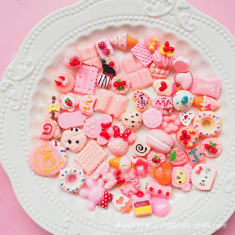 

50/100 Pieces Slime Charms Sweet Pink Cake Candy Donut Resin Flatback Of Slime Beads for Ornament Scrapbook DIY Crafts