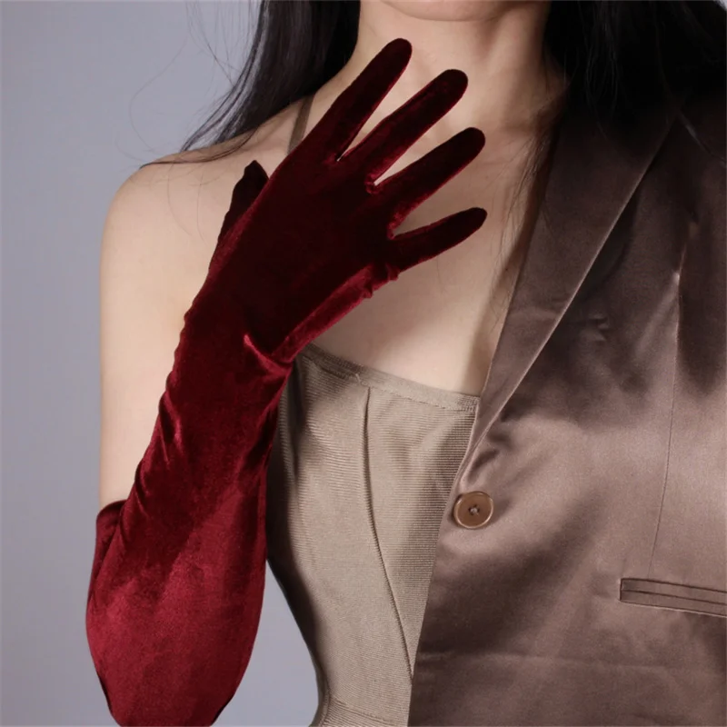 Модные бархатные перчатки 22 см короткие бордовые красные Малиновые очень длинные женские высокие эластичные бархатные золотые бархатные перчатки с сенсорным экраном SRJH22