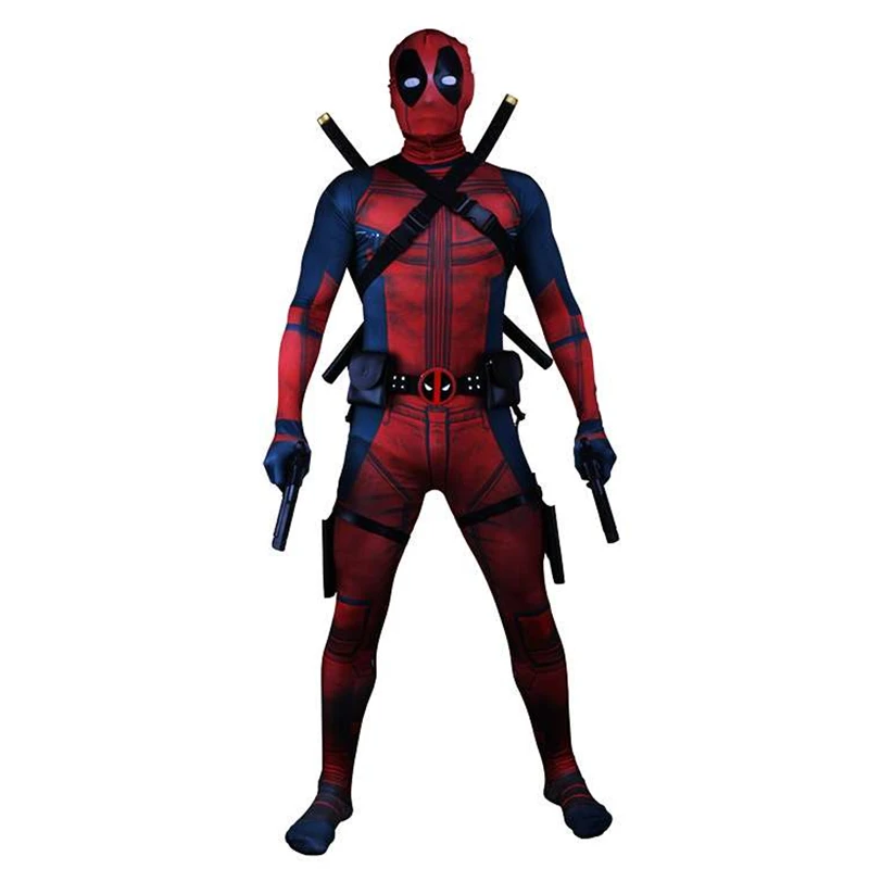 

2020 Deadpool Costume Adult Man Spandex Lycra Zentai Bodysuit Halloween Cosplay Suit Belt Headwear Mask Sword holster