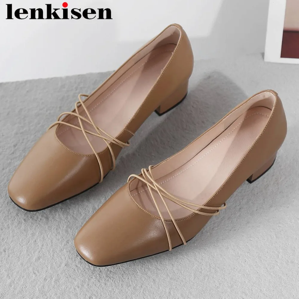 

Lenkisen office lady chunky heels slip on square toe natural leather British style solid dating party mature women pumps L75