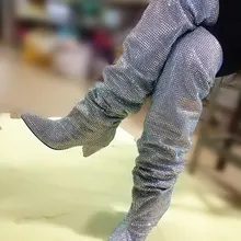 Новое поступление кристалл Высокие сапоги до бедра с острым носком Для женщин полный со стразами на высоком каблуке выше колена зима-осень Сапоги и ботинки для девочек