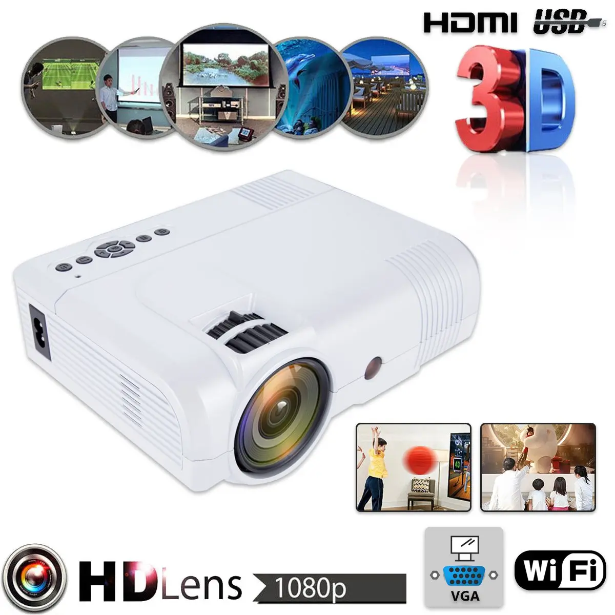 

Mini Portable Projector WiFi Version 1080p Full HD Video 3D HDMI Home Theater Multimedia Projector US/UK/EU Plug