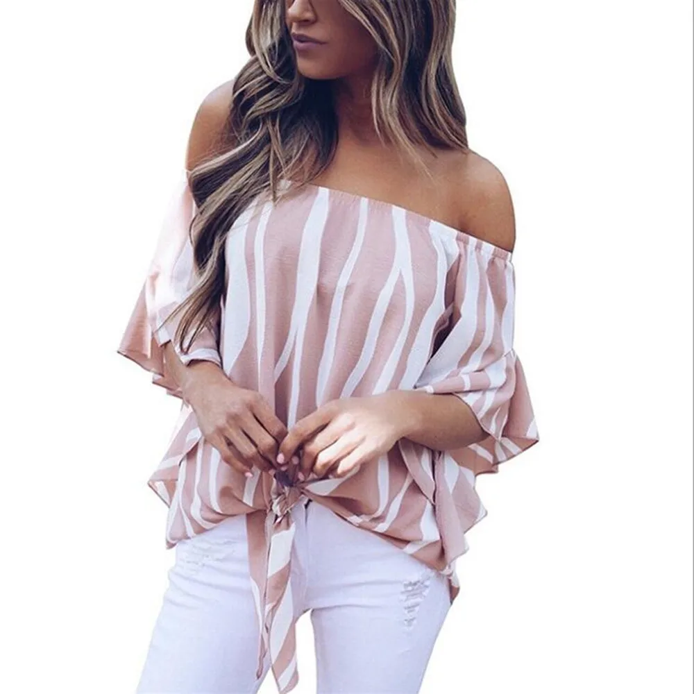 2019 New Arrive Off Shouder Slash Neck Stripe Print Blouse Fashion Tops Women's Autumn Ladies Casual Loose Shirt | Женская одежда