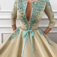 Кремово-бирюзовое вышитое вечернее платье с объемными цветами с карманами 3/4, длинные рукава, платья для выпускного вечера, элегантные длинные вечерние платья