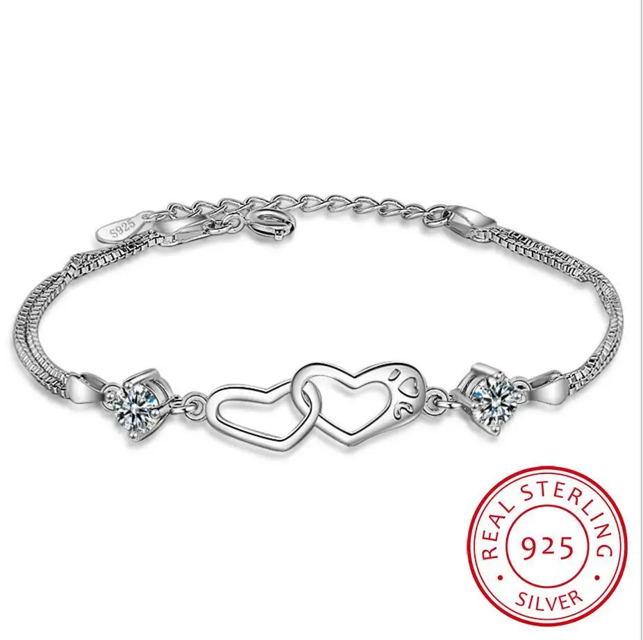 

925 Sterling Silver Zircon Double Love Heart Bracelet Bangles For Women Gift Wedding Jewelry Pulseira Feminina