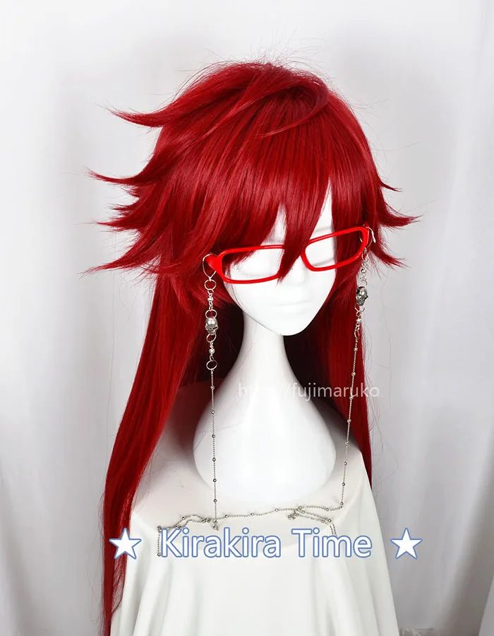 Kuroshitsuji Черный дворецкий Грелл Сатклифф Красный Длинные прямые Термостойкие волосы Косплей Костюм парик+ Череп цепи очки