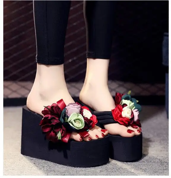 Г., Женская обувь в богемном стиле, шлепанцы Уличная обувь женская пляжная обувь на танкетке и высоком каблуке женские вьетнамки на платформе с цветочным принтом, обувь для вечеринок
