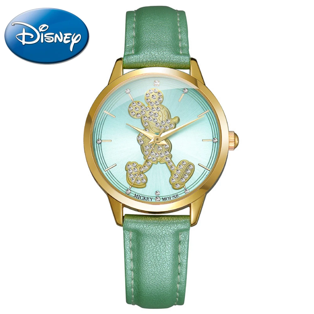

Mickey Mouse Luxury Bling Crystal Rhinestone Watch Women's Genuine Leather Strap Buckle Quartz Water Resistant Watches Disney