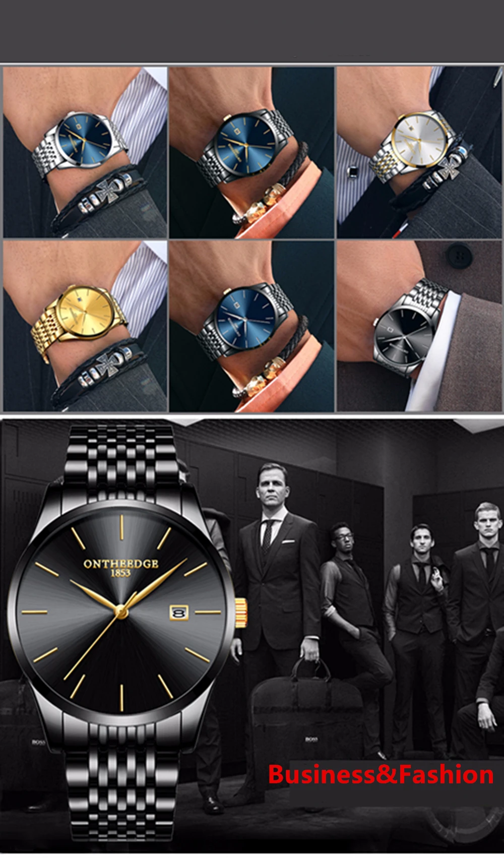 Бренд ontheedge роскошные мужские наручные часы 316L Нержавеющая сталь Золото белый черный 30 м водонепроницаемый календарь повседневные мужские часы кварцевые