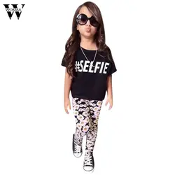Детская Костюмы малыша комплект для девочек одежда футболка Топы Корректирующие + длинные брюки с цветочным принтом Мотобрюки Окт Обувь