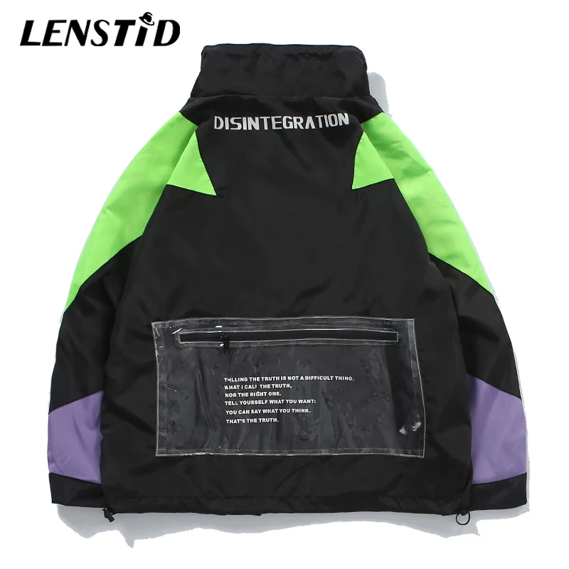 LENSTID Harajuku Jacket Men Hip Hop Streetwear Retro Jacket Windbreaker Pocket Autumn 2019 Vintage Color Block Track Jacket Coat