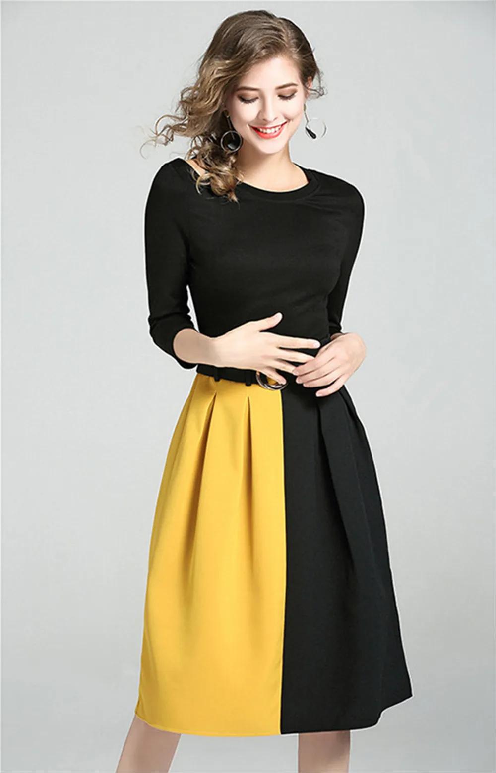Fashion contrast color dress A Line Office Lady dress Autumn Bodycon Dress Vestidos Hollow out Patchwork Dresses Spring  (2)
