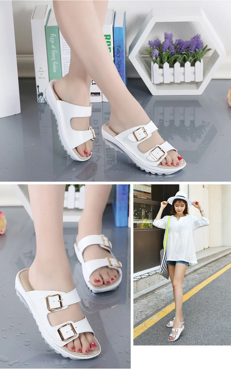 women slippers buckle real leather slides shoes solid thick sole heels beach sandals women outside flip flops summer (6)