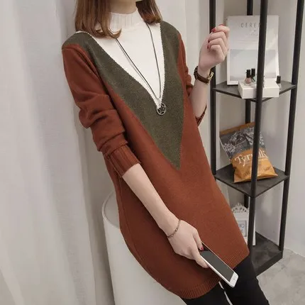 

High-quality stitching color decoration sweater half-high collar fashion pullover autumn and winter elegant long knit shirt