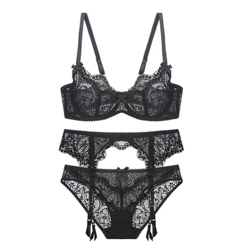 Varsbaby Floral lace Ultra - thin sexy bra sets with garter 3piece/set Varsbaby Floral lace Ultra - thin sexy bra sets with garter 3piece/set