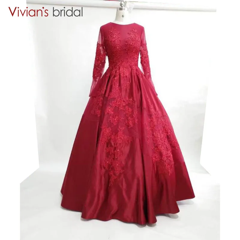 Long Sleeves Burgundy Evening Dresses Ball Gown Prom Party Gowns Plus Size Vestido De Noche 2018