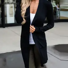 Осенние офисные женские деловые повседневные обтягивающие трикотажные кардиганы с длинным рукавом, черные модные женские элегантные топы средней длины