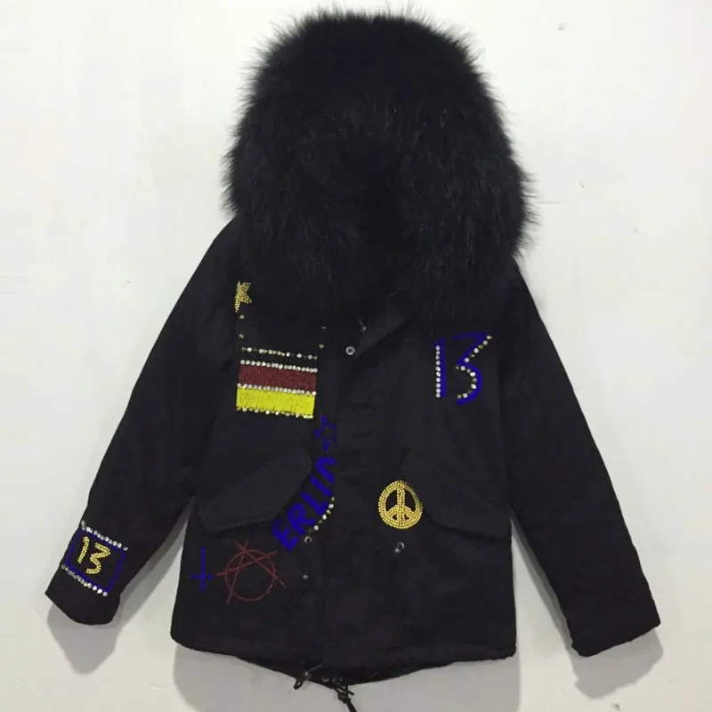 Cheap Black Germany Beading winter jackets with big raccoon fur hooded faux fur coats