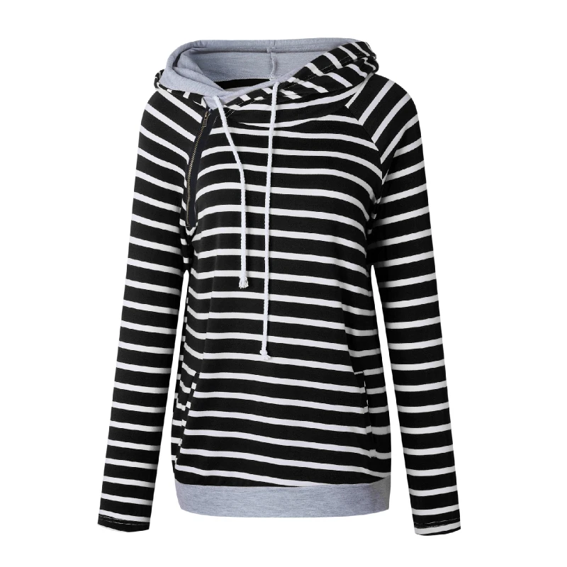  2019 Autumn Winter Casual Women Hoodies Irregular Neck Patchwork Striped Pullover Harajuku Pockets 