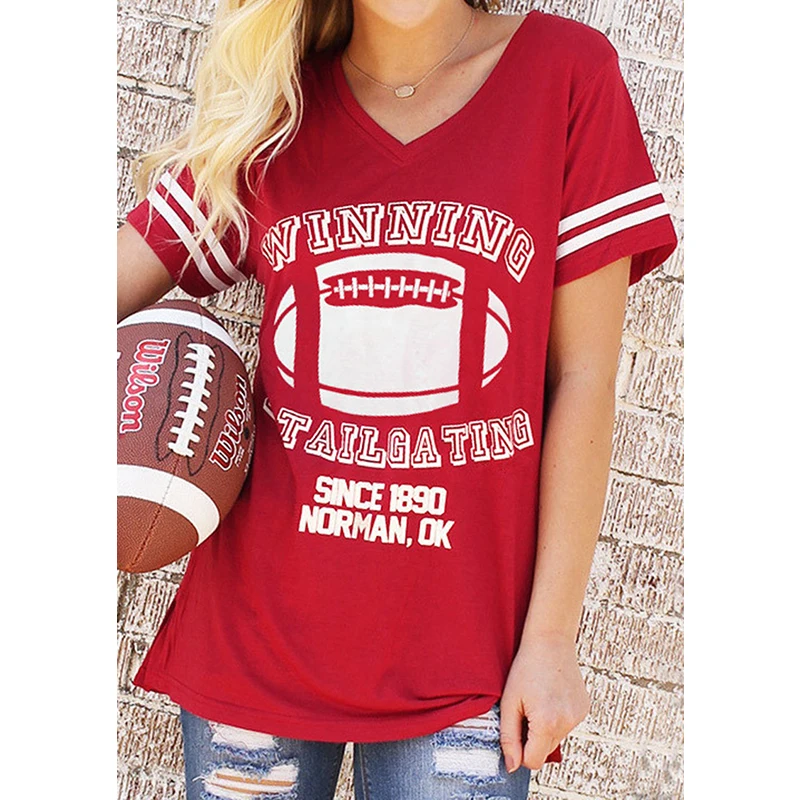 T Shirt Top Women Short Sleeve Summer Shirt Red Letter Printed Baseball