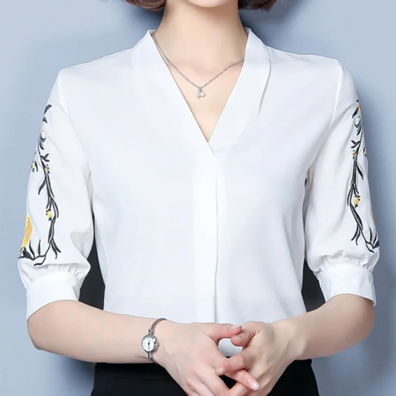 

women shirts chiffon blouse women summer office lady embroidery shirts for woman womens tops and blouses ladies printing blouses