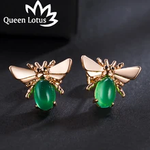 Queen Lotus, корейские модные серьги-гвоздики для женщин, зеленые Кристальные серьги в виде пчел, ювелирные изделия, кубический циркон, массивные серьги, подарок