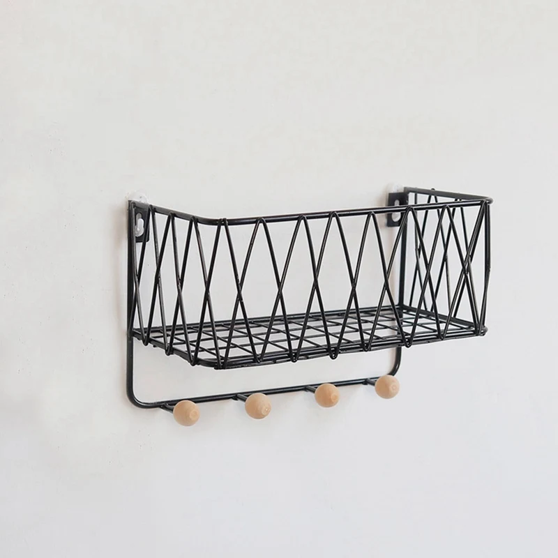 Metal Shelf Wire Rack Storage Wall Mounted With Hook Basket Key Hanging Hanger