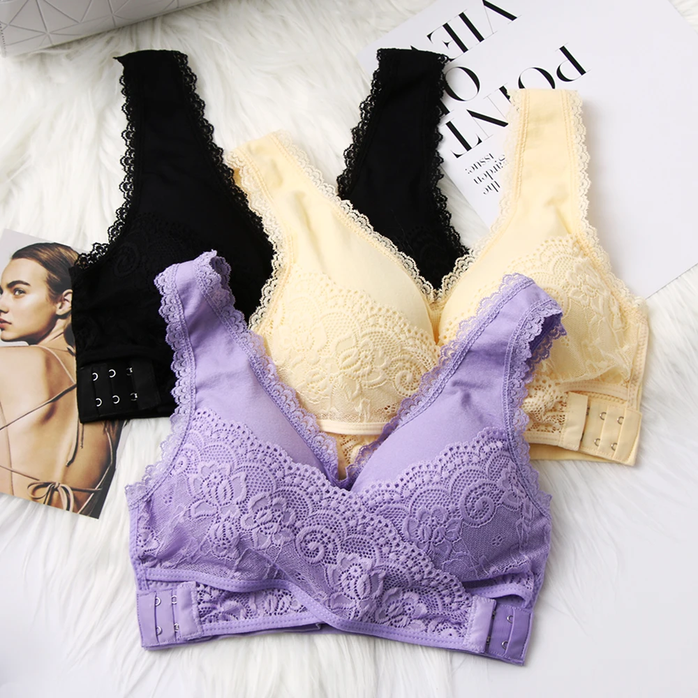 

Lingerie Lace Solid Color Cross Side Buckle Without Rims Gathered Sports Underwear Sleep Bra Front Cross Side Buckle Crop Tops