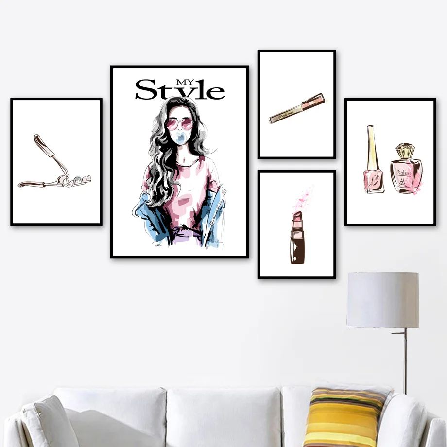 

Watercolor Girl Perfume Lipstick Makeup Salon Wall Art Canvas Painting Nordic Posters And Prints Wall Pictures For Bedroom Decor