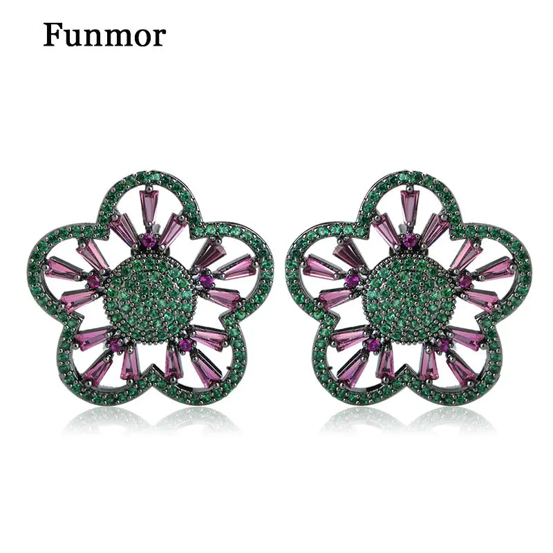 

FUNMOR Green Zircon Flower Stud Earrings For Women Black Gun Big Size Wedding Party Earring Jewelry Anniversary Gifts Pendientes