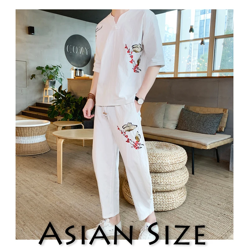 Sinicism Store спортивный костюм для мужчин мужские летние хлопковые льняные спортивные костюмы с вышивкой мужские уличные китайские винтажные комплекты из 2 предметов - Цвет: White(Asian Size)