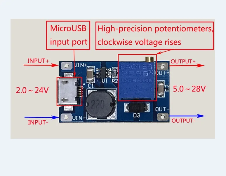 

2A booster board, DC-DC step-up module, wide input voltage, 2/24V boost to 5/9/12 / 28V, adjustable 2577