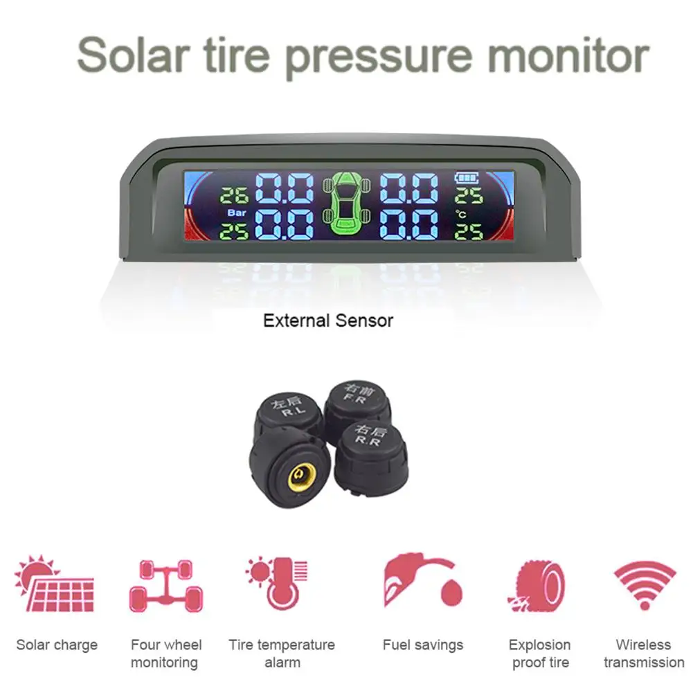 

Solar Tire Pressure Monitoring System TPMS External Tire Pressure Display Color Screen Display With 4 External