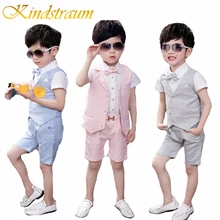 Kindstraum/Новые Обувь для мальчиков клетчатые костюмы для торжественных случаев Летние 4 шт. детей клетчатый жилет+ рубашка+ брюки+ галстук Детская Свадебная вечеринка Комплекты для девочек, mc715