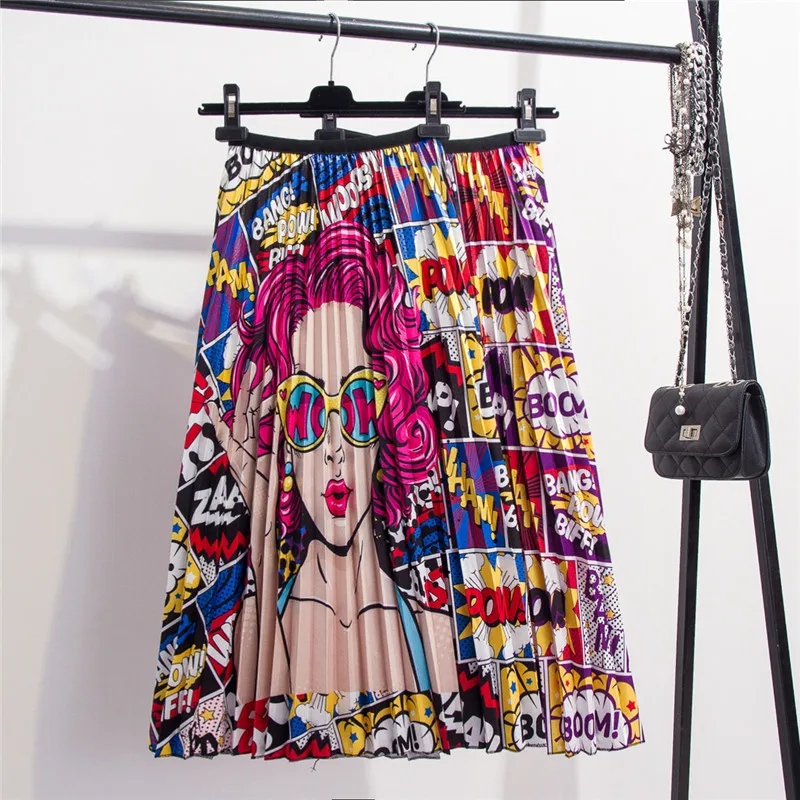 

2019 Summer Streetwear Character Printing Cartoon Pattern Letter Empire High Elastic Women Holiday Expansion Pleated Mid Skirt