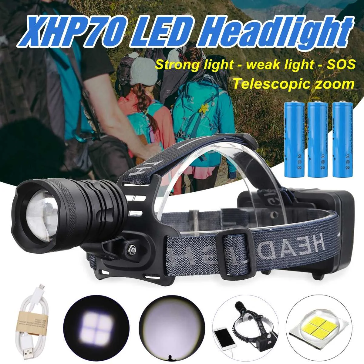 

4*t6 headlight 3 modes 60000lm LED Smuxi headlamp head light waterproof flashlight zoomable 18650 include for hunting cycling