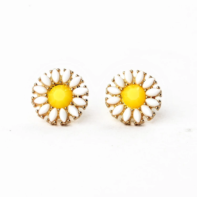 New Womens Studs Earrings Resin Daisy Sunflower Sun Flower Gold Alloy Metal Ear Stud Post Earring Lady Girl Fashion Jewelry
