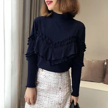 Весна-Осень, женская новая футболка, Однотонная футболка с высоким воротником и оборками, тонкая короткая футболка LQ169