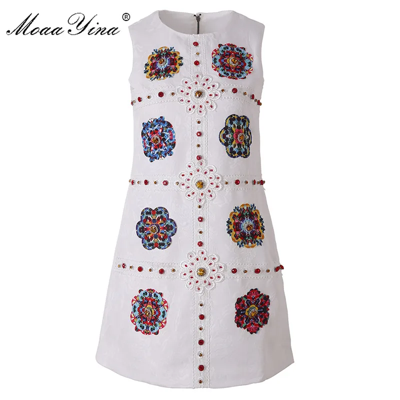 MoaaYina белая кружевная Цветочная вышивка платье плед аппликация Бисер кристалл алмаза элегантный высокого качества модные платья