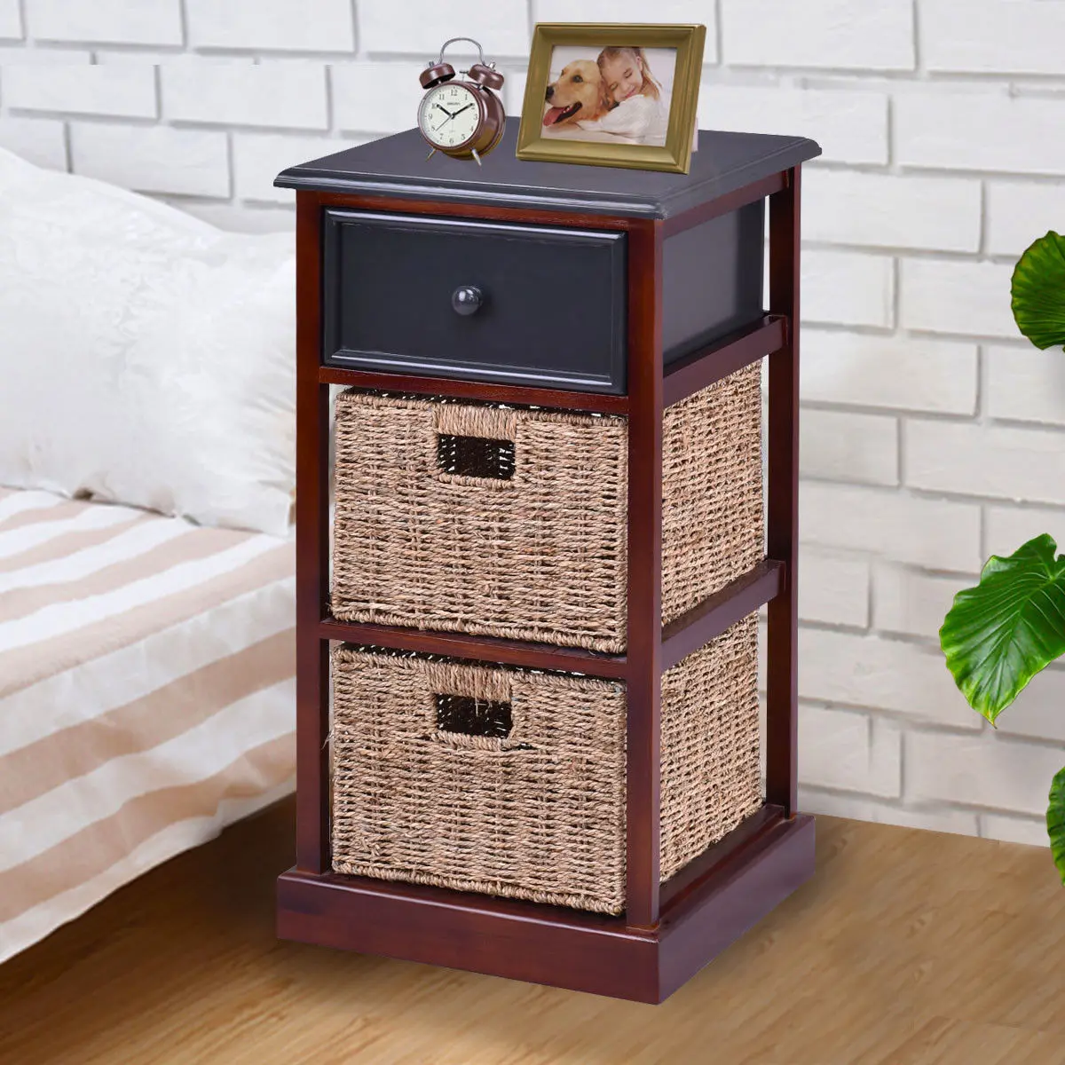 

Giantex 3 Tiers Wood Nightstand with 1 Drawer 2 Baskets Modern Bedside End Table Organizer Brown Bedroom Furniture HW56724
