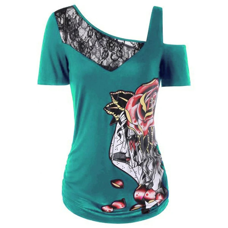 Женская футболка с цветочным 3d принтом на одно плечо кружевная Лоскутная футболка с коротким рукавом женская футболка топы размера плюс WS7417R - Цвет: Зеленый
