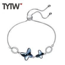 TYTW S925 Sterling Silver krystaly z tmavě růžového plavého motýla swarovski ženy šperky přizpůsobte náramek