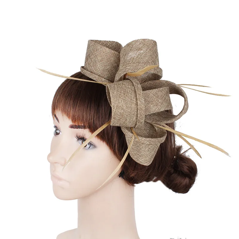 

Khaki imitation sinamay fascinator hats women wedding with feather hair accessories ladies party show headbands 2019 New arrival