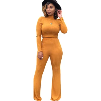 

Cotton Knit Ribbed Women Sent Casual Long Sleeve O Neck Crop Top With Pant Two Piece Set Elegant Soft Slim Suit Female Set Women
