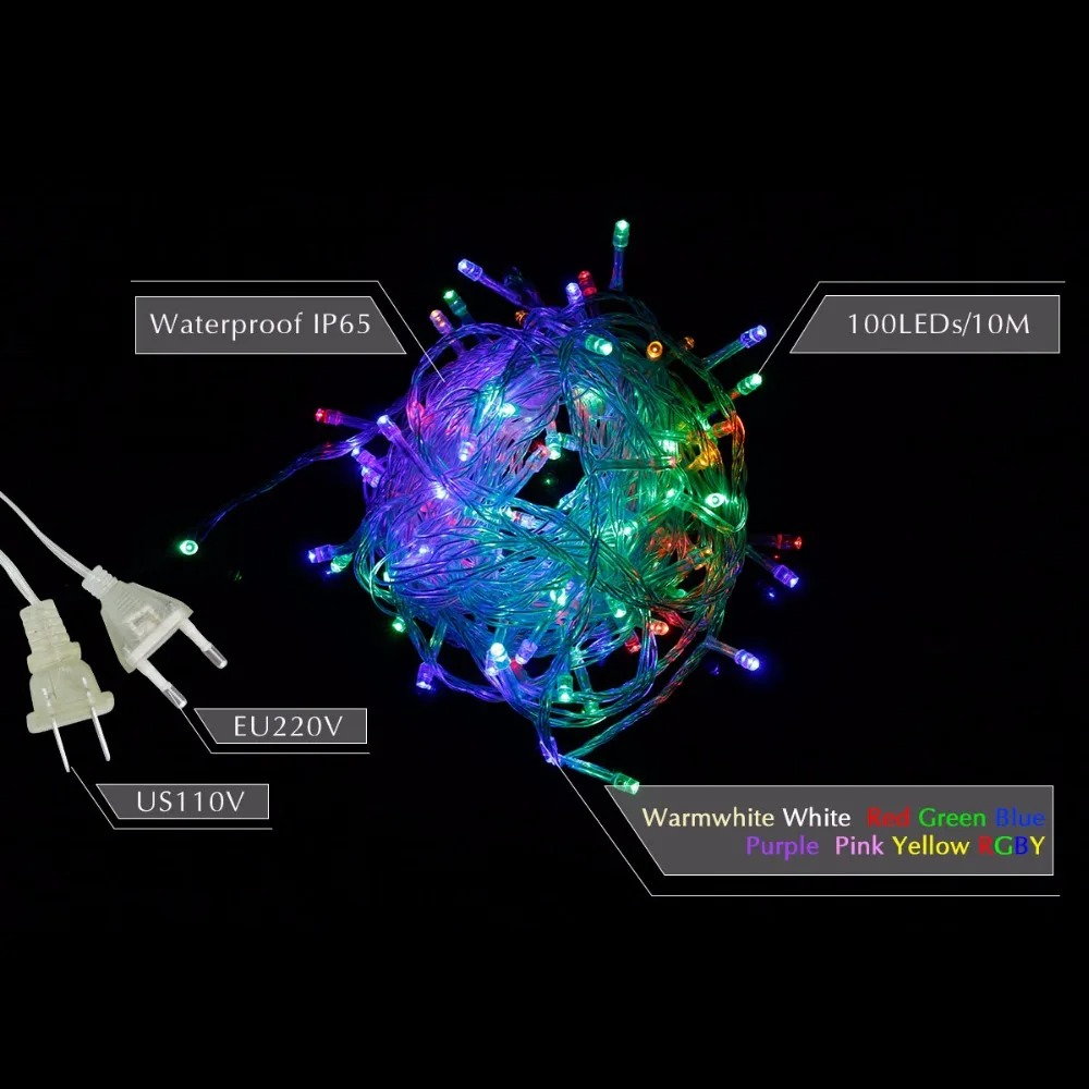 RGB светодиодный световые струны 10 м 110 В 220 В 8 режимов водонепроницаемый IP65 Рождественская гирлянда сказочные Огни наружное внутреннее праздничное украшение