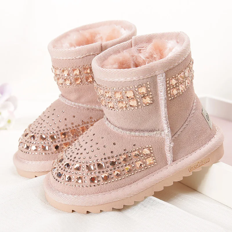 

Winter Girls Boots Children Snow Boots Reihnstone Kids Genuine Leather Rubber Boots Shoes With Fur Princess Baby Girls Boots