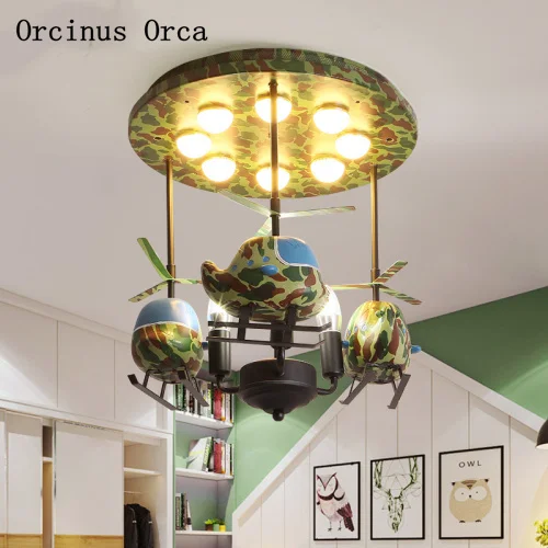 

Cartoon creative fighter chandelier boys bedroom children's room lamp American personality camouflage aircraft LED ceiling lamp