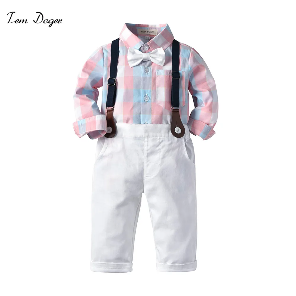 

Tem Doger Handsome Baby Boys Sets Spring Long sleeve Plaid Shirt+Suspender Pants 2pcs Formal Newborn Baby Boys Clothings
