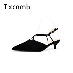 TXCNMB/Женская обувь 2019 г. свадебные женские босоножки из натуральной кожи на тонком каблуке с острым носком и пряжкой, модная обувь, размер 34-40